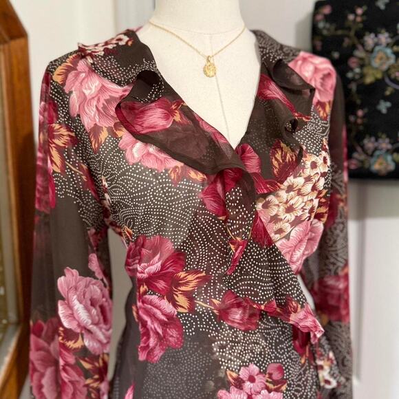 VTG 90s Lew Magram Dark Brown Sheer Mesh & Pink Floral Polka Dot Wrap Top - Picture 2 of 8